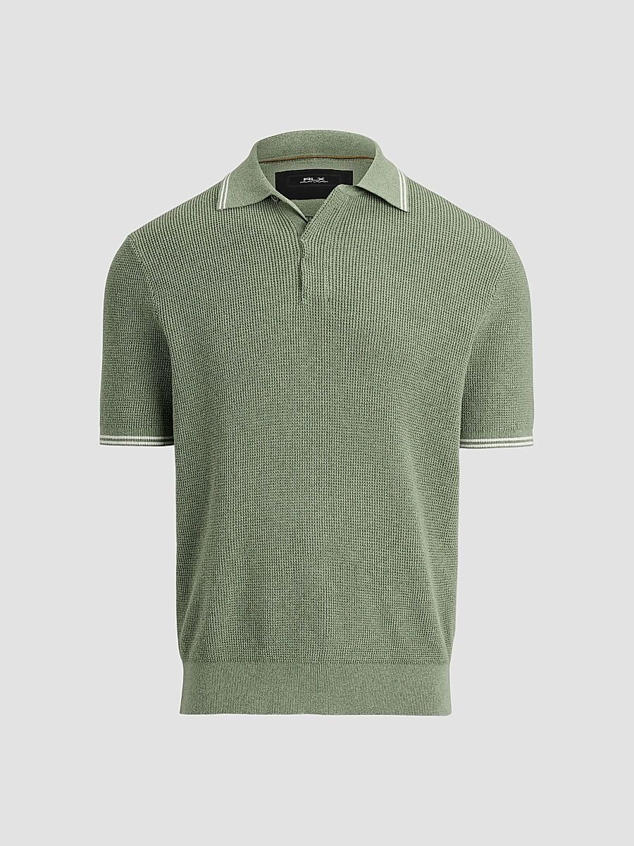 Men's Waffle-Knit Cotton Polo Sweater - Fern Green - Size Large