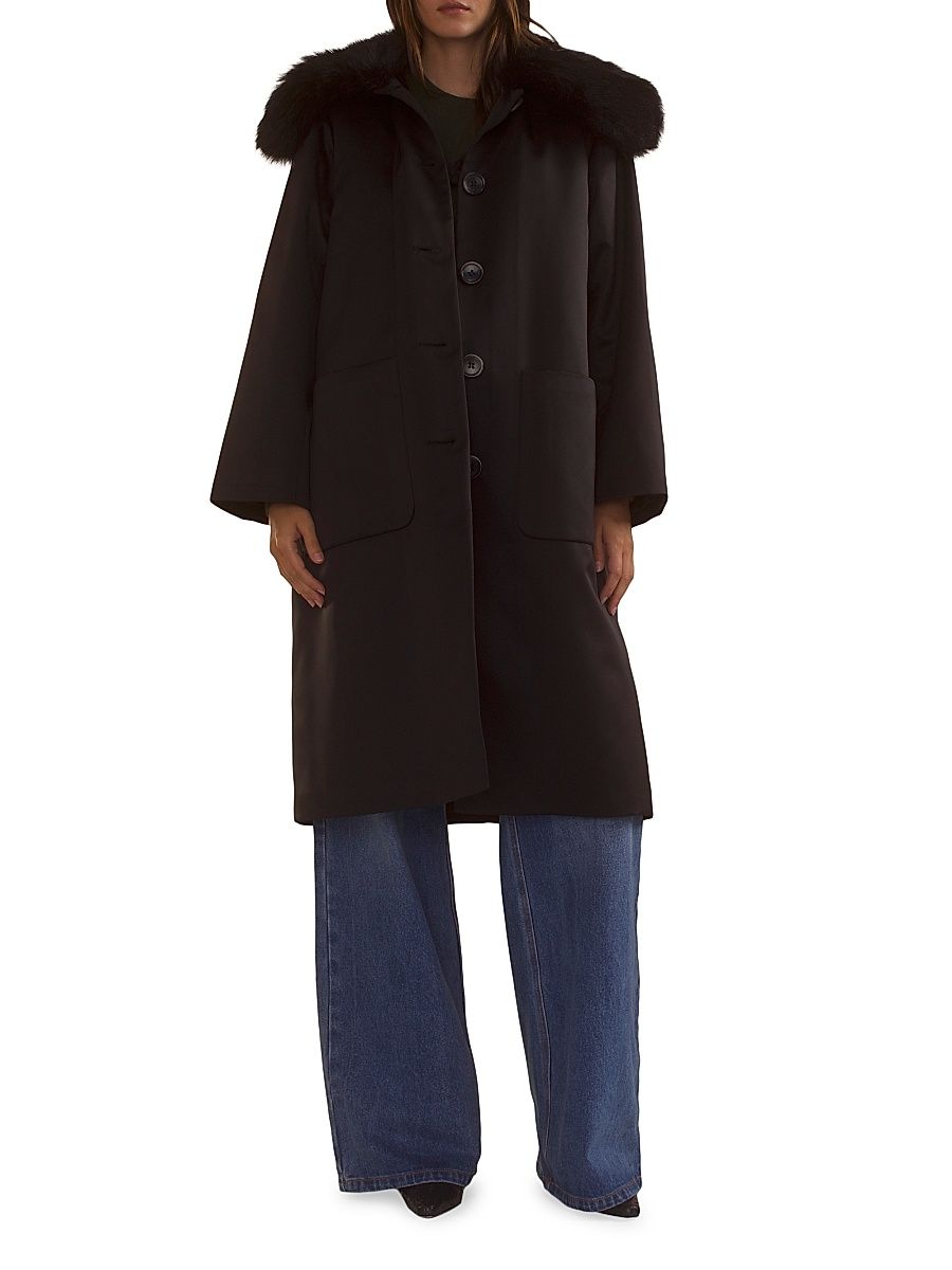 Women's Faux-Fur Collar Satin Coat - Black - Size Medium