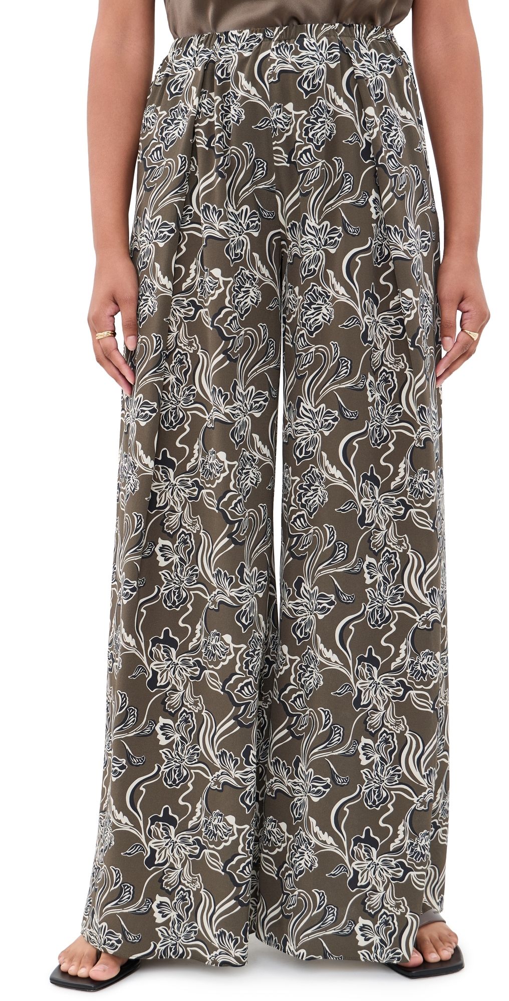 La Ligne Pleated Wide Silk Pants Taupe Floral L
