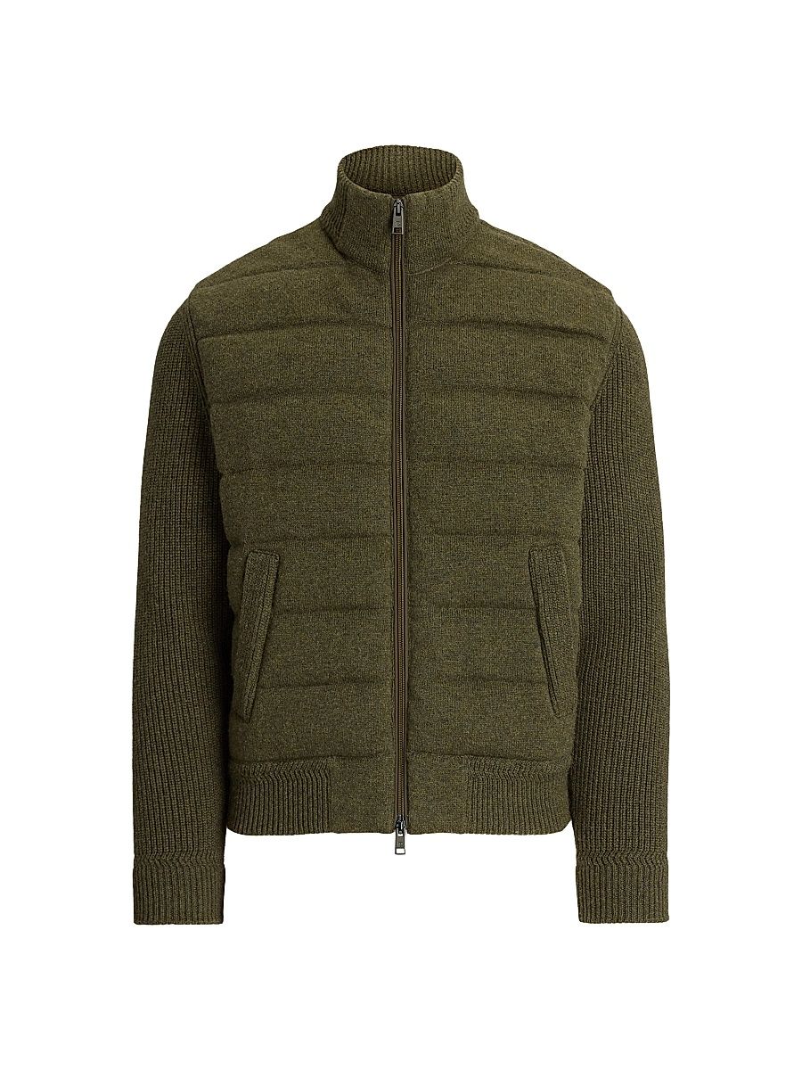 Men's Cashmere-Blend & Down Mixed-Media Jacket - Thicket Moss Melange - Size Large