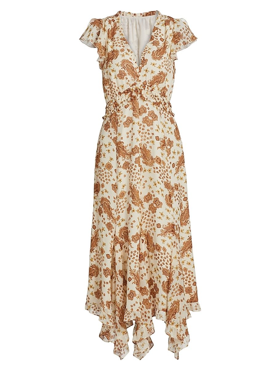 Women's Eleonora Printed Silk Ruffled Midi-Dress - Ecru Multi - Size 12