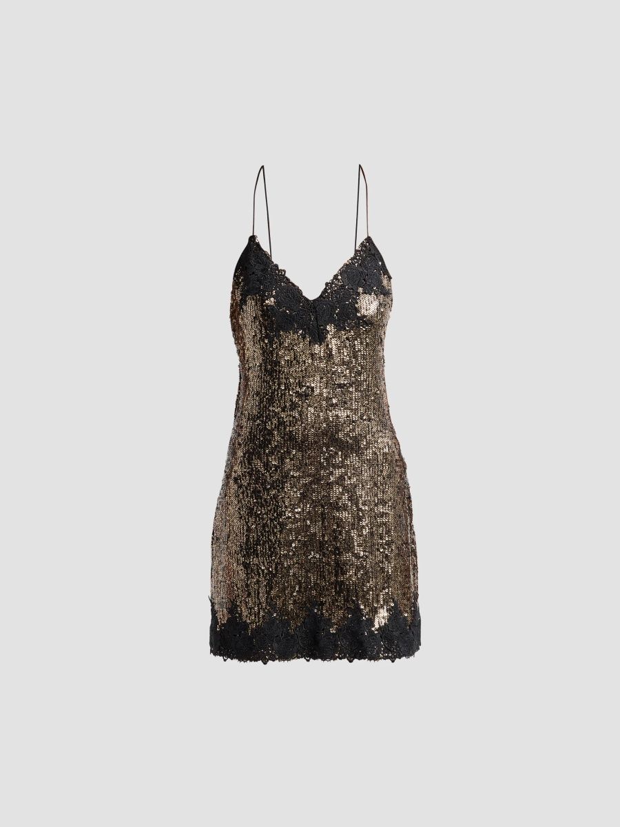Generation Love Women's Cella Sequin & Lace V-Neck Mini Dress - Bronze Multi Black - Size XS