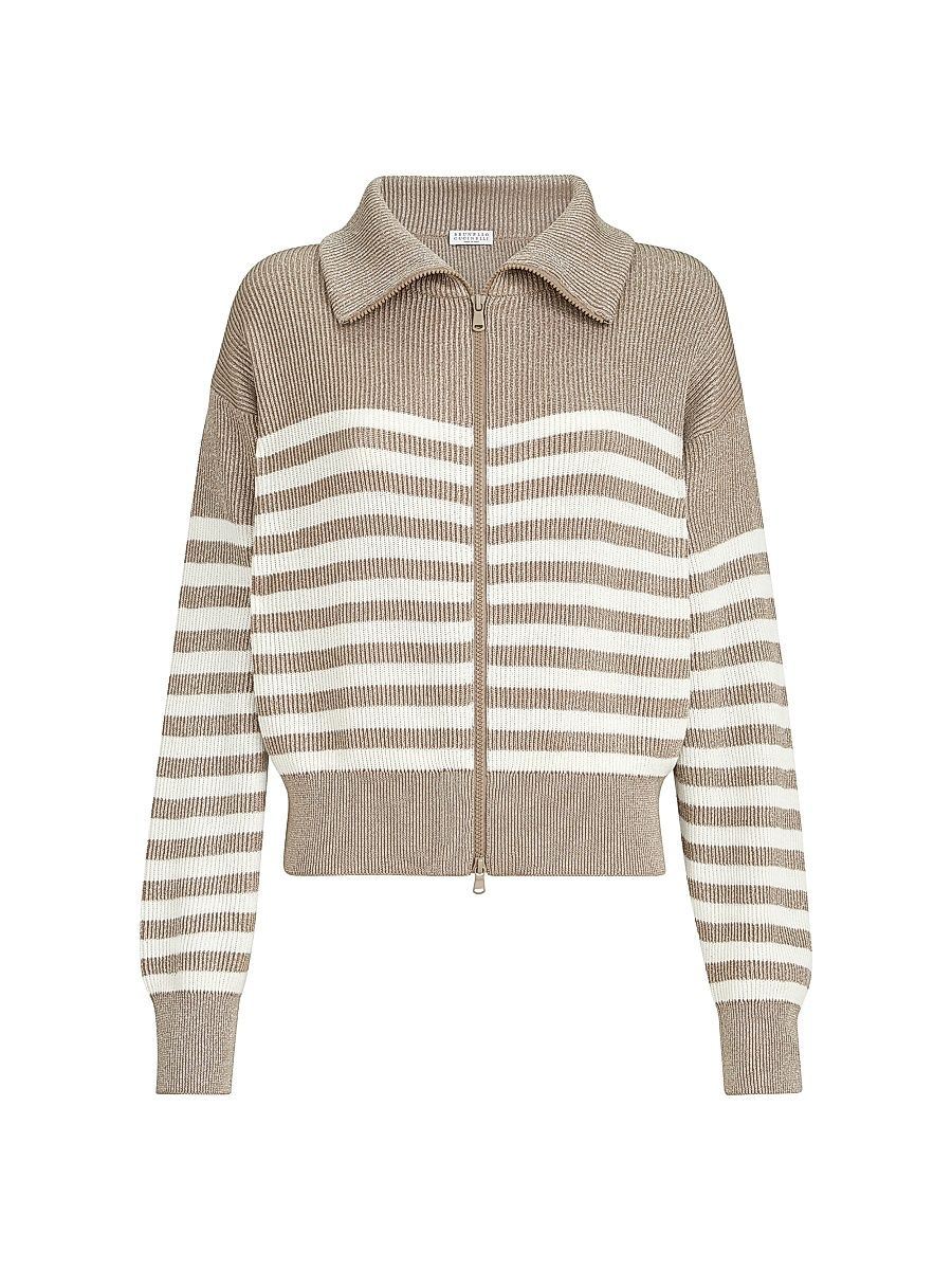 Women's Sparkling Cotton Striped English Rib Cardigan - Beige - Size XXL