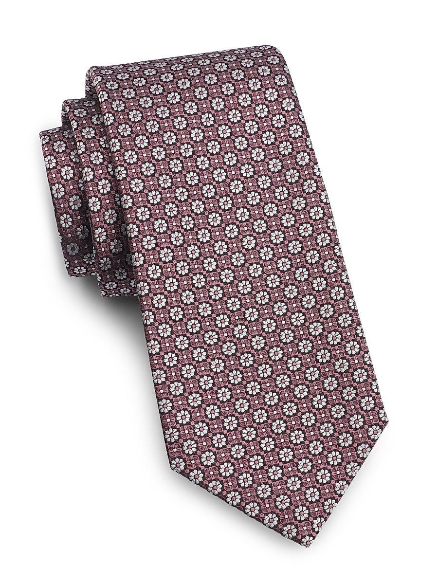 Men's Floral Foulard Silk Tie - Bright Pink