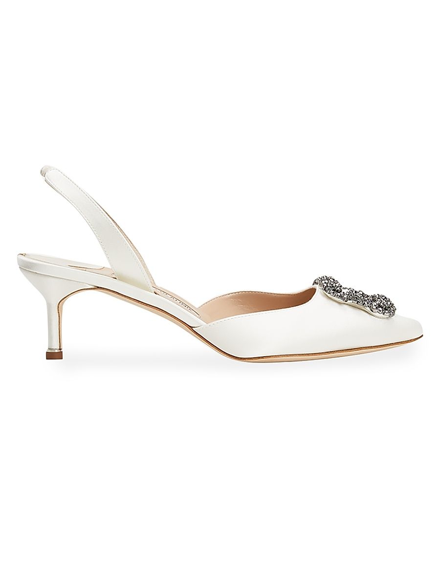 Women's Hangsi 50MM Crystal-Buckle Satin Slingback Pumps - Cream - Size 10
