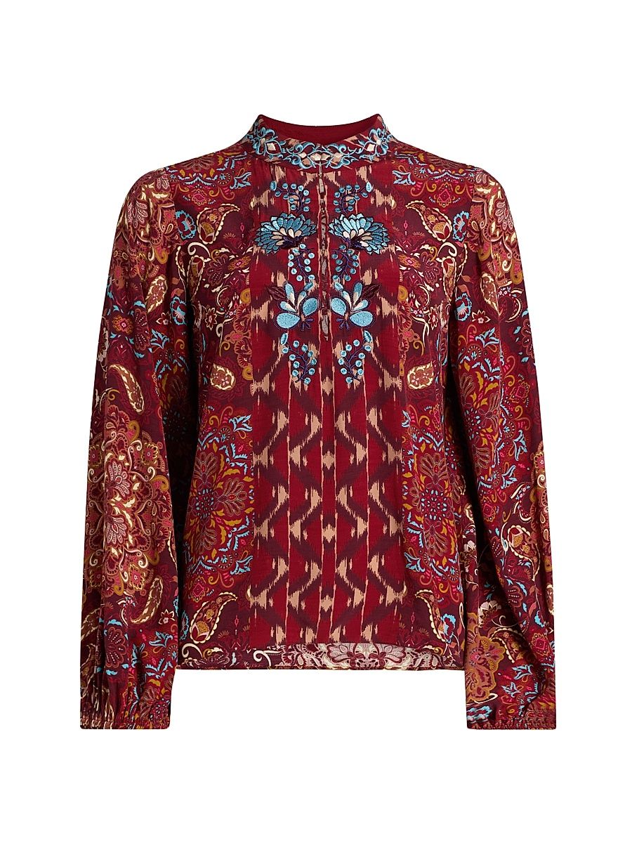 Women's Kit Embroidered Floral Top - Kaleidoscope Paisley Red - Size Large