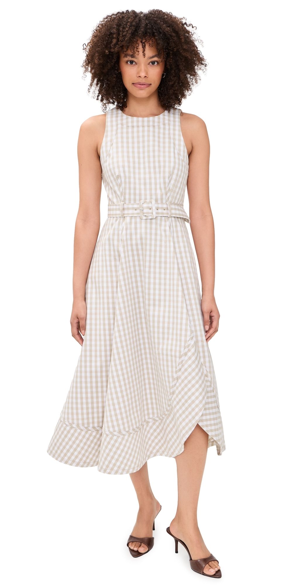 Cinq à Sept Zelda Gingham Denim Midi Dress Khaki/White 10