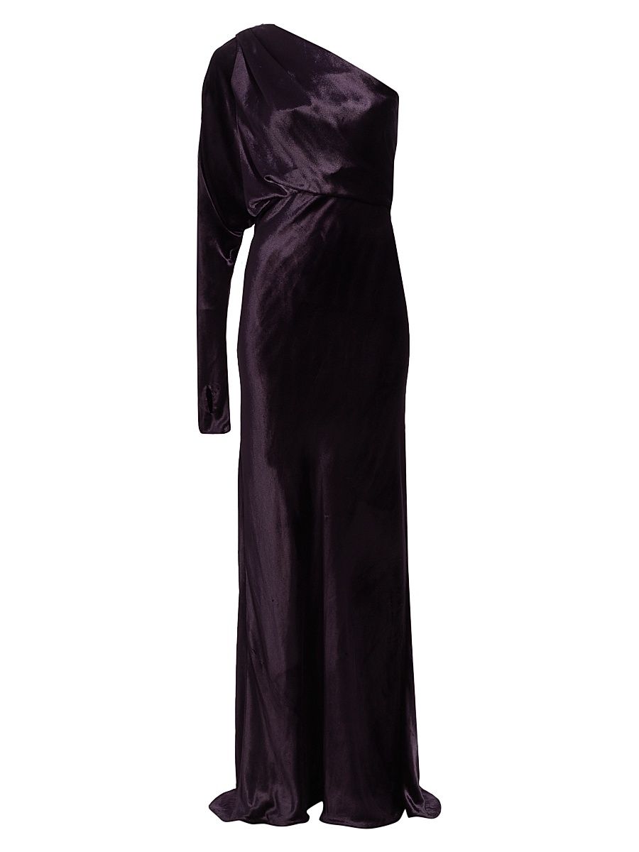 Women's Asymmetric Velvet One-Shoulder Gown - Aubergine - Size 8