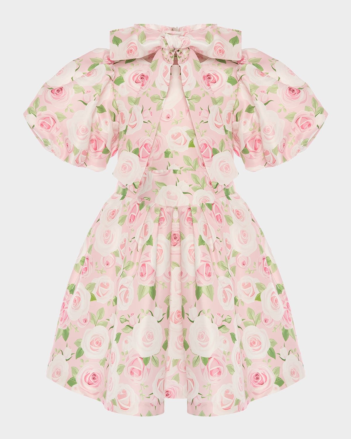 Girl & apos;s Floral Puff-Sleeve Dress with Bow, Size 3T-12