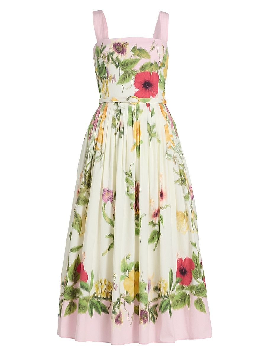 Women's Floral Cotton Poplin Midi-Dress - Pink Multi - Size 12