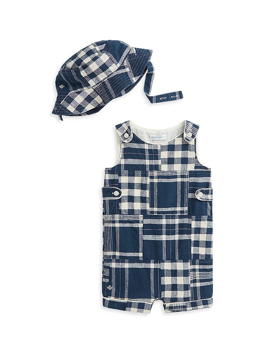 Baby Boy's 2-Piece Plaid Bucket Hat & Shortalls Set - Navy Patchwork - Size 6 Months