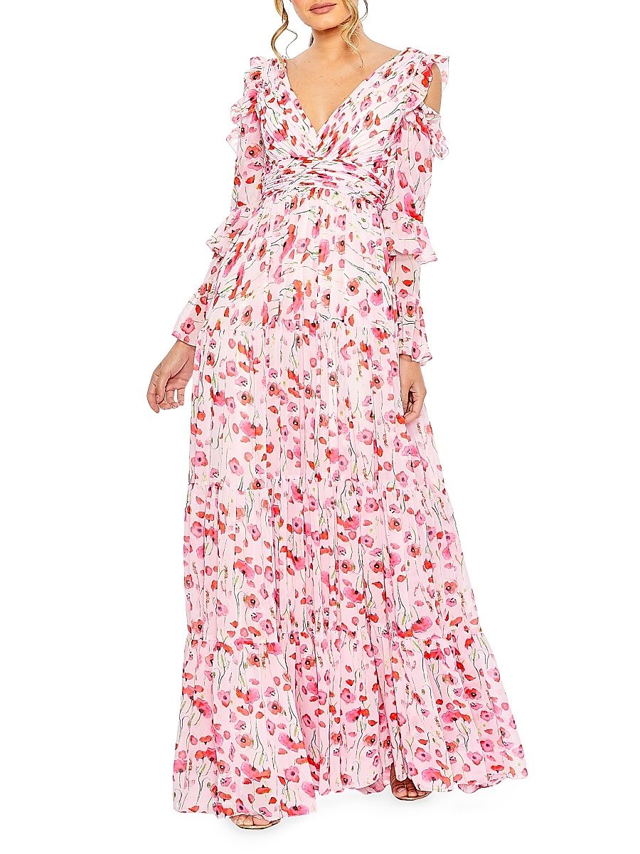 Women's Floral Ruffle-Sleeve Gown - White Multi - Size 12