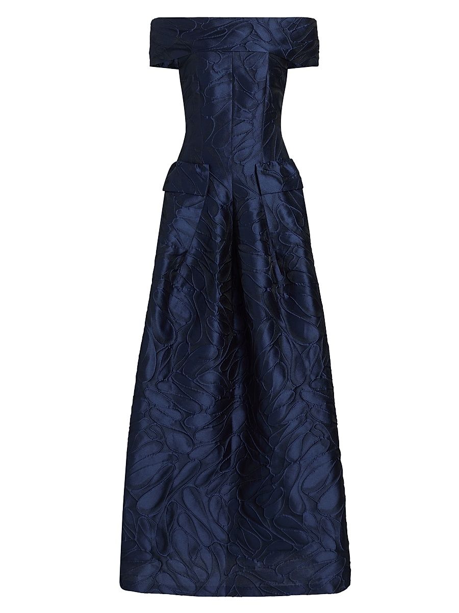 Women's Honeydrop Jacquard Off-the-Shoulder Ballgown - Royal Navy - Size 2