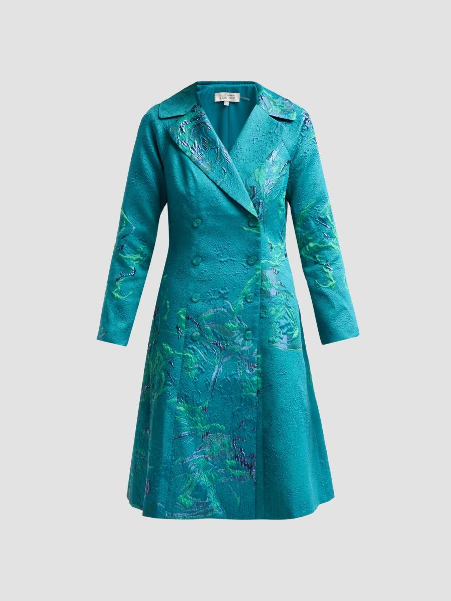 Teri Jon by Rickie Freeman Women's Jacqaurd Double-Breasted Tuxedo Dress - Emerald Multi - Size 2