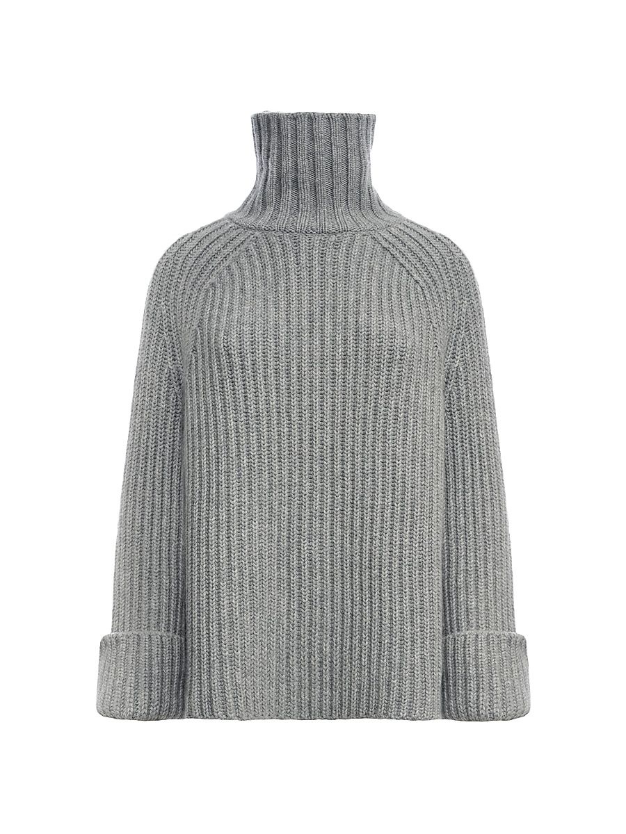 Women's Rib-Knit Cashmere Raglan Turtleneck Sweater - Cemento - Size Large
