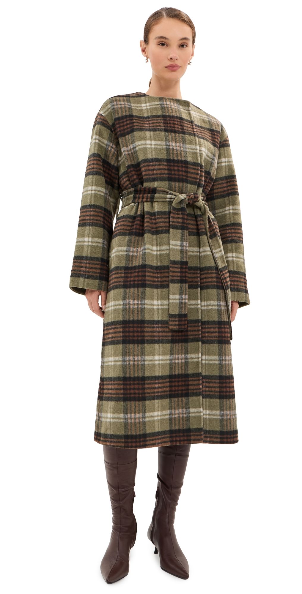 LE BOP Ashley Long Scarf Coat Olive Plaid M