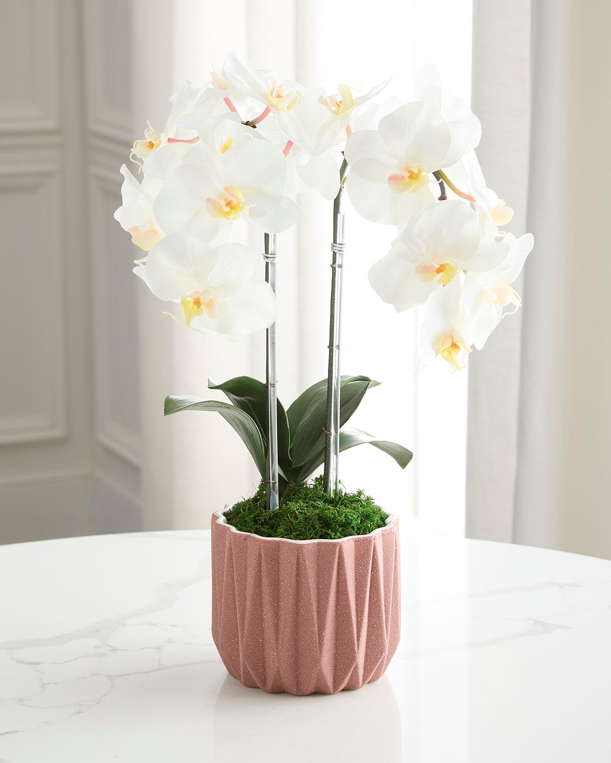 Double Orchid 20" Faux Floral Arrangement in Geometric Container