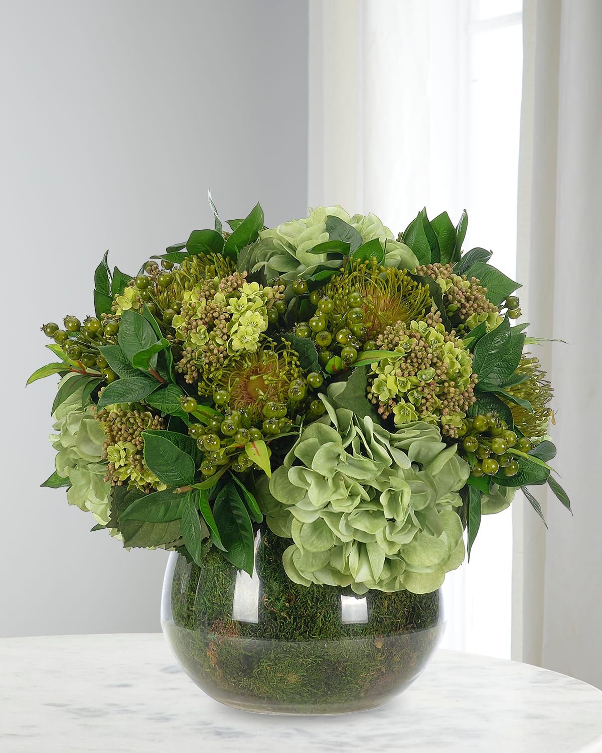 Hydrangea and Protea 15" Faux Floral Arrangement in Moss Garden