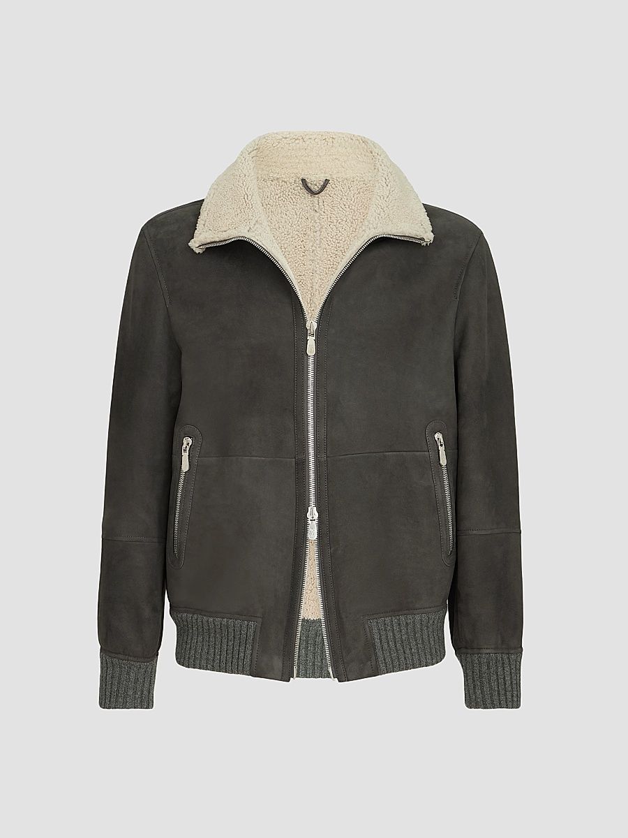 Men's Suede Curly Shearling Bomber Jacket - Grey - Size XXXXL