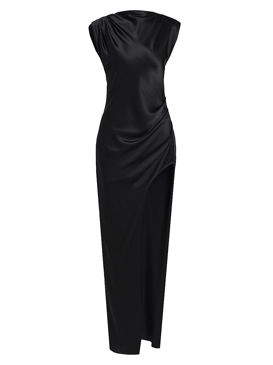 Women's Biella Ruched Silk Maxi Dress - Black - Size Medium
