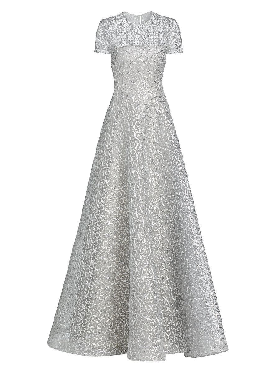 Women's Metallic Floral Embroidered Short-Sleeve Gown - Silver - Size 12