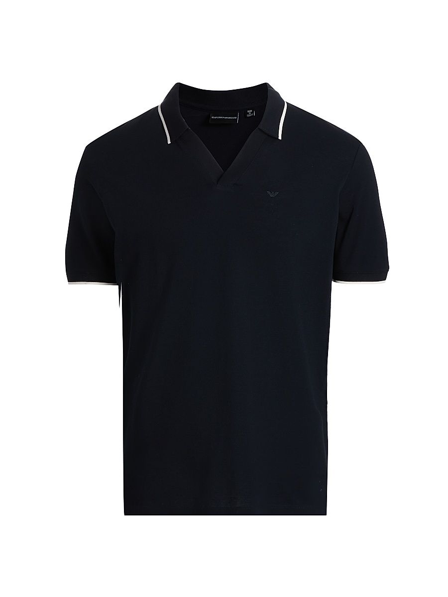 Men's Piped Trim Cotton Johnny Collar Polo Shirt - Iconic Blue Navy - Size XL