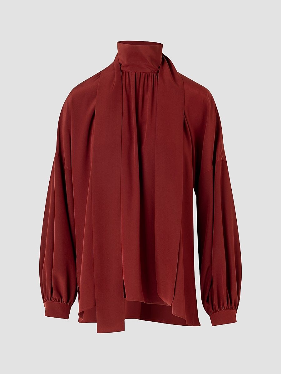 Women's Silk Crepe de Chine Bow Blouse - Pomegranate - Size 18