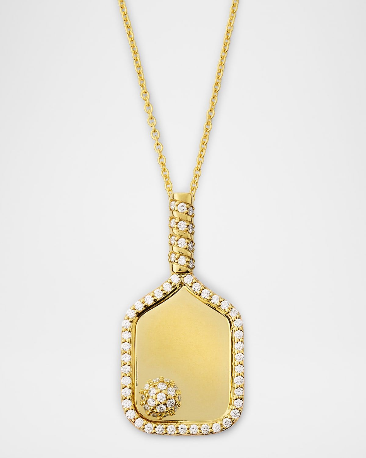 18K Yellow Gold Diamond Pickleball Paddle Pendant Necklace