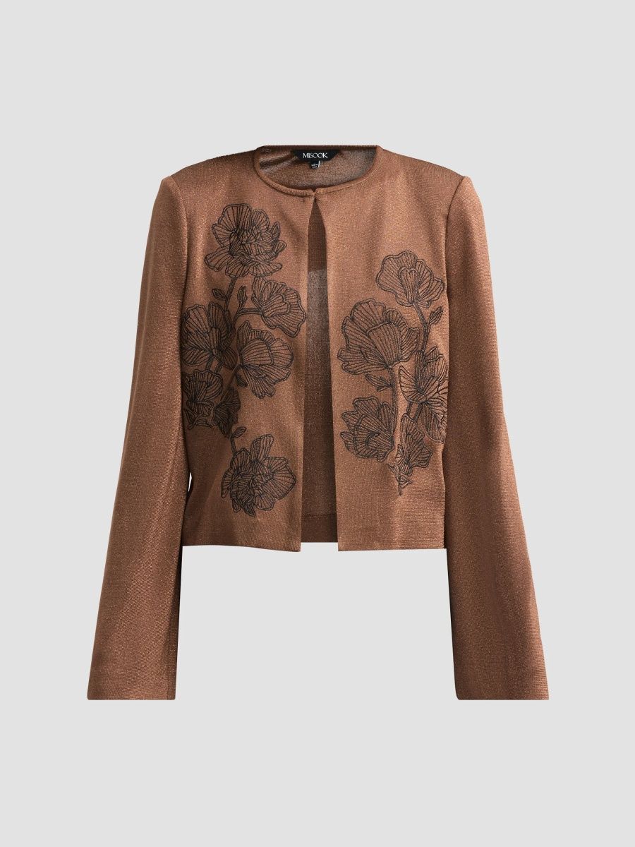 Misook Women's Embroidered Metallic Knit Cardigan - Mahogany Gold Lurex - Size Small