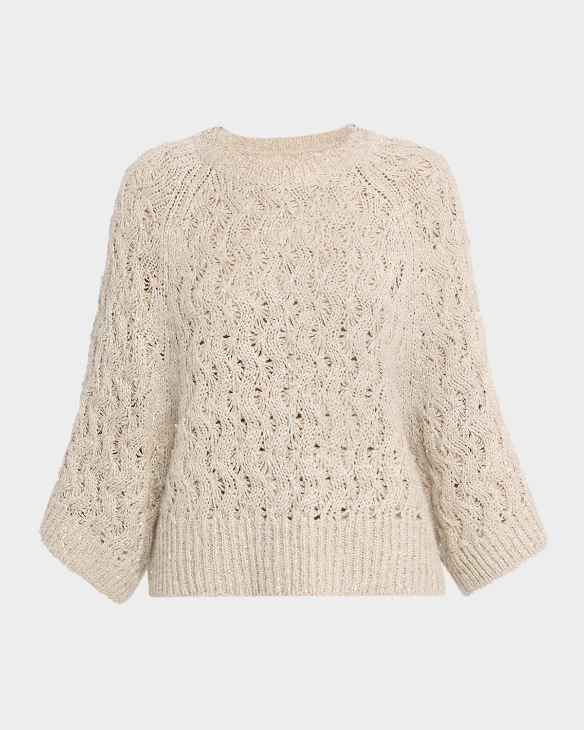 Linen-Silk Paillette Open Knit Crewneck Sweater