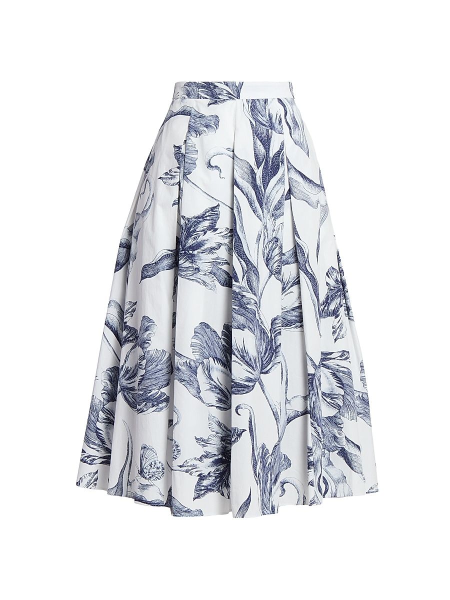 Women's Pleated Botanical Cotton Midi-Skirt - Botanical Engraving Ivory - Size 2