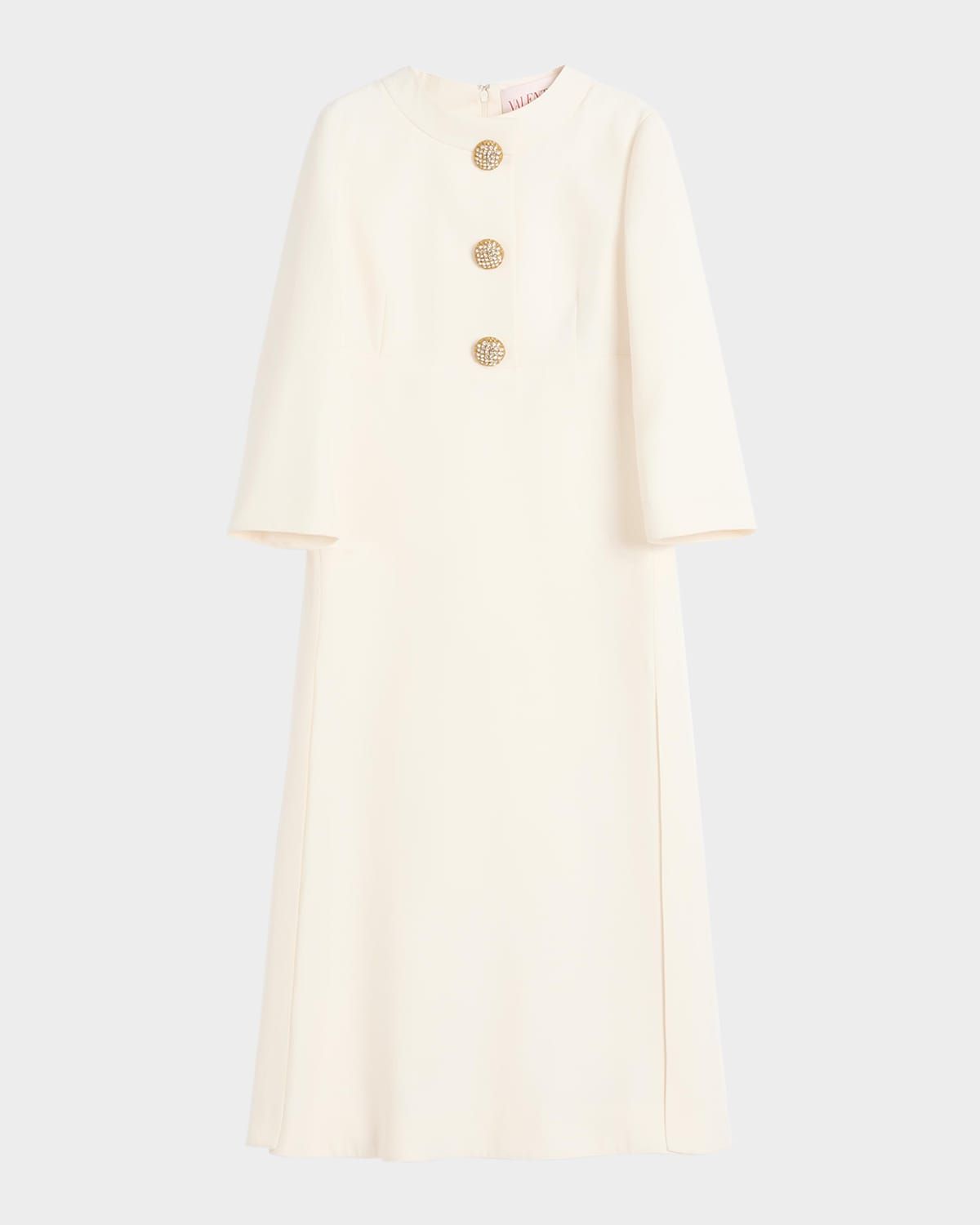 Quarter-Sleeve Brooch Wool Midi Dress