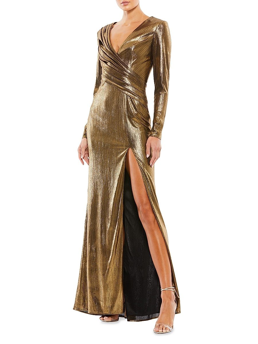 Women's Metallic Long-Sleeve Asymmetrical Ruched Gown - Gold - Size 16