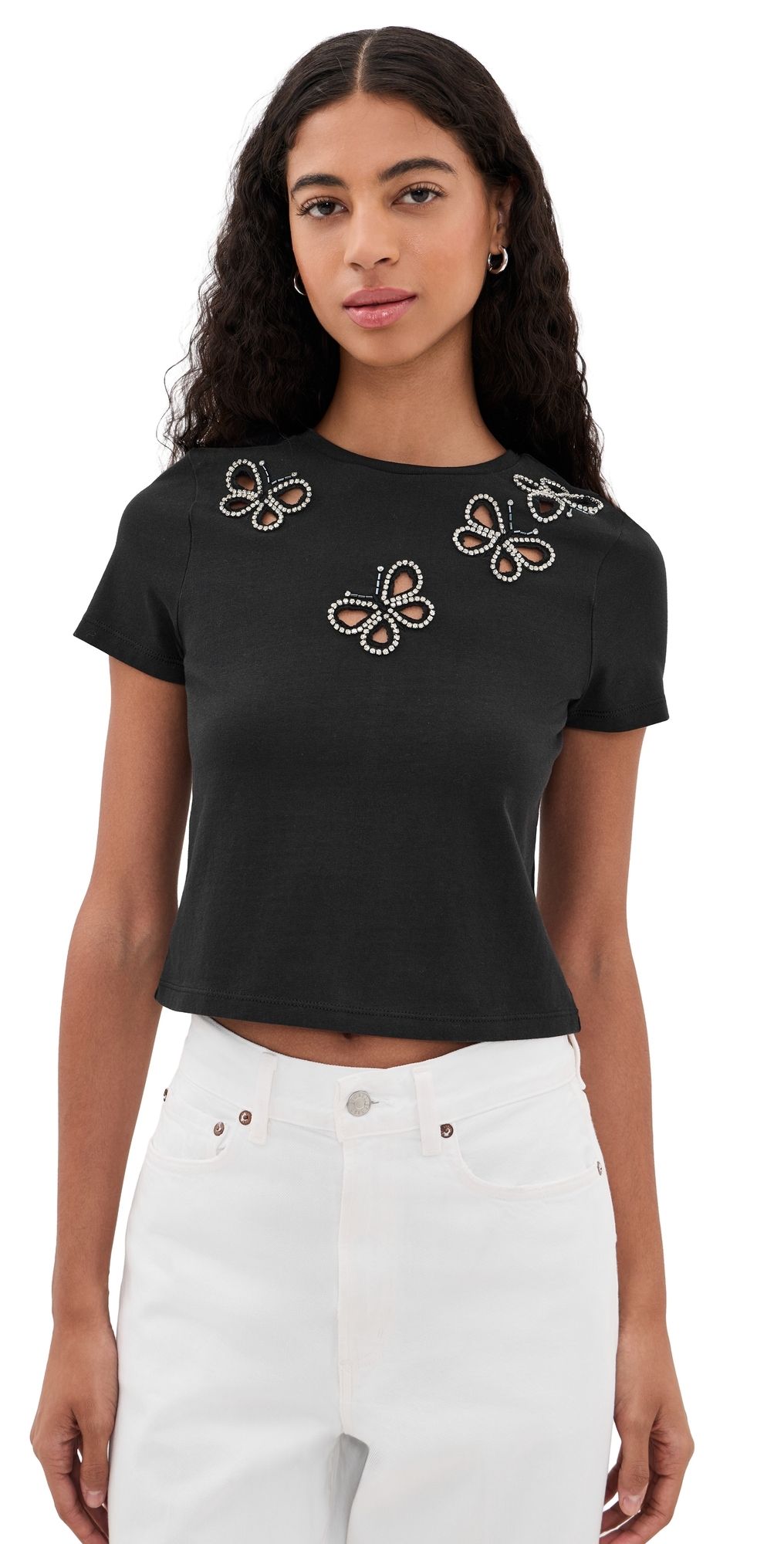ALICE + OLIVIA Cindy Embellished Cropped Tee with Cutouts Black/Silver Crystal XS