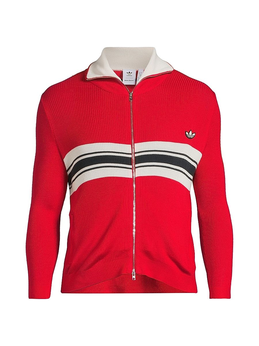 Men's adidas x Wales Bonner Striped Knit Zip Jacket - Better Scarlet - Size XXL