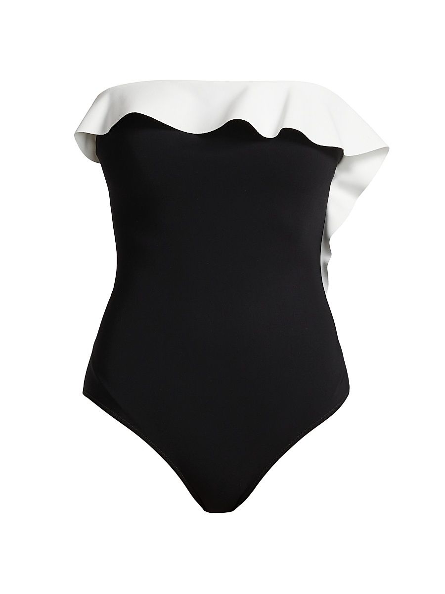 Women's Iwane Contrast Ruffled Swimsuit - Black White - Size 6