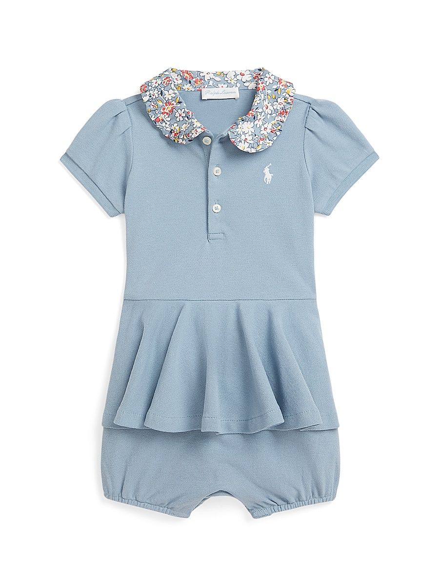 Baby Girl's Mesh Peplum Polo Romper - Vessel Blue - Size 9 Months