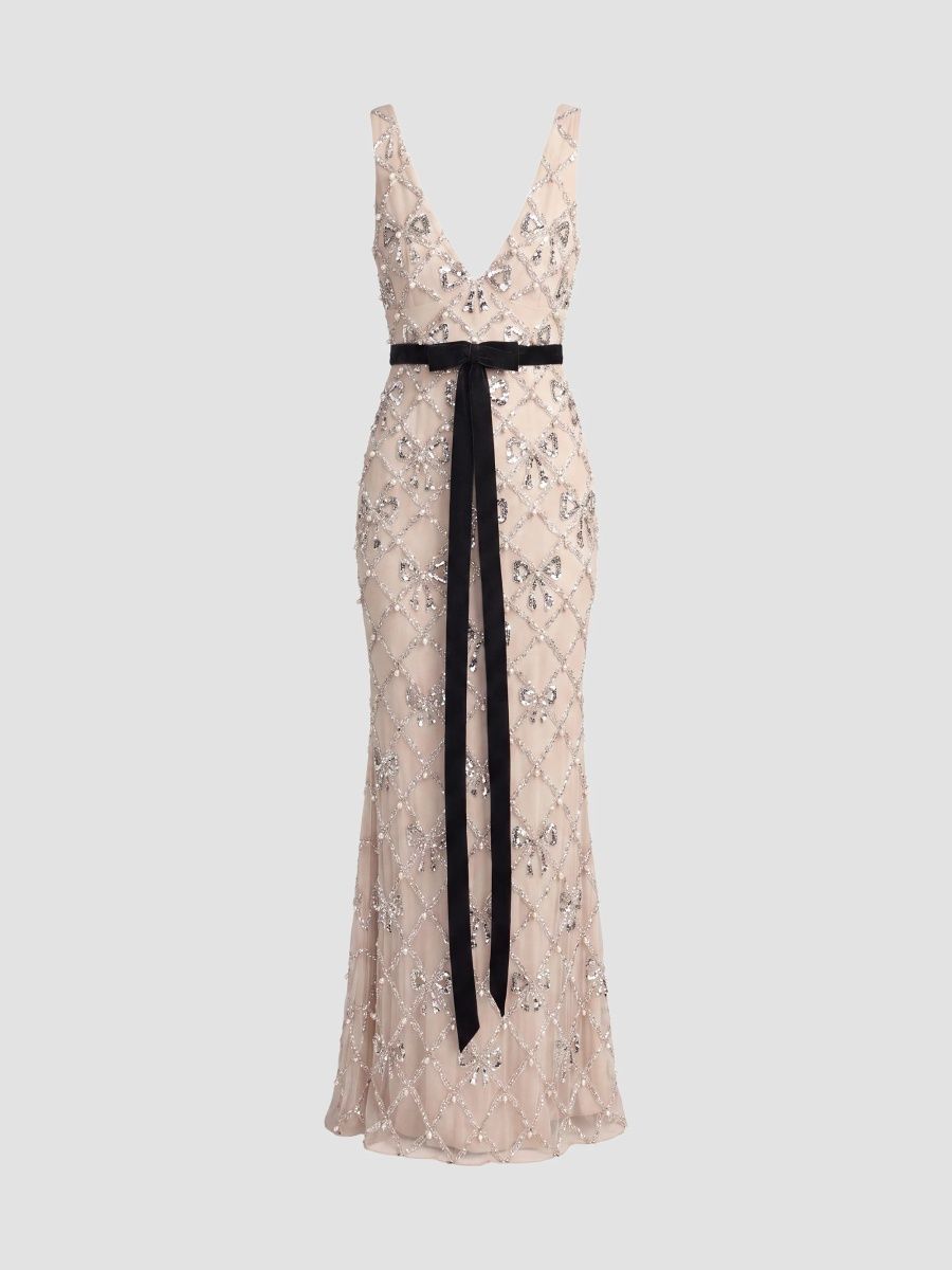 Mac Duggal Women's Embellished Grid Mesh Bow Gown - Beige Silver - Size 12
