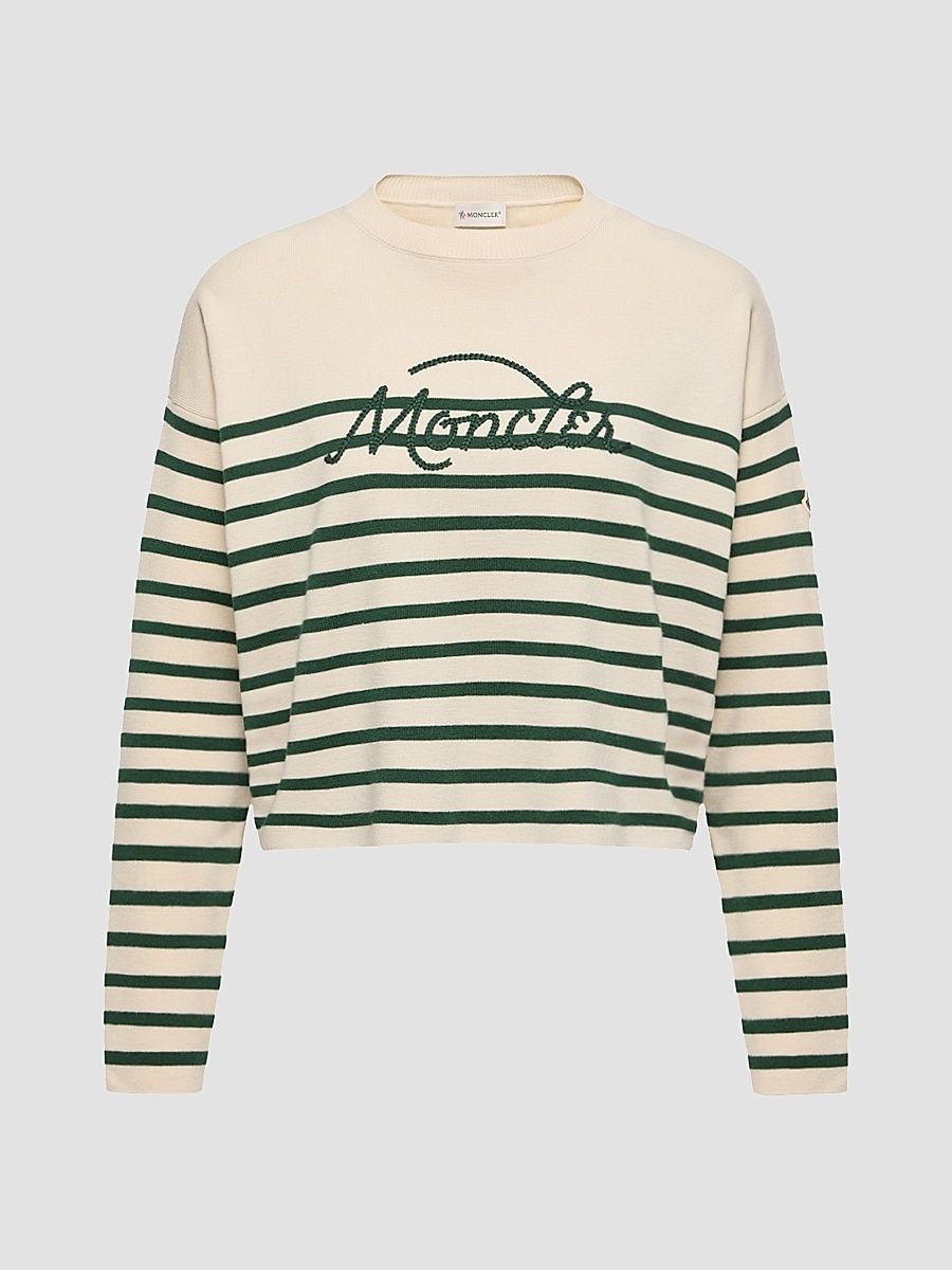 Women's Sweater in Wool with Stripes - White Green - Size Large