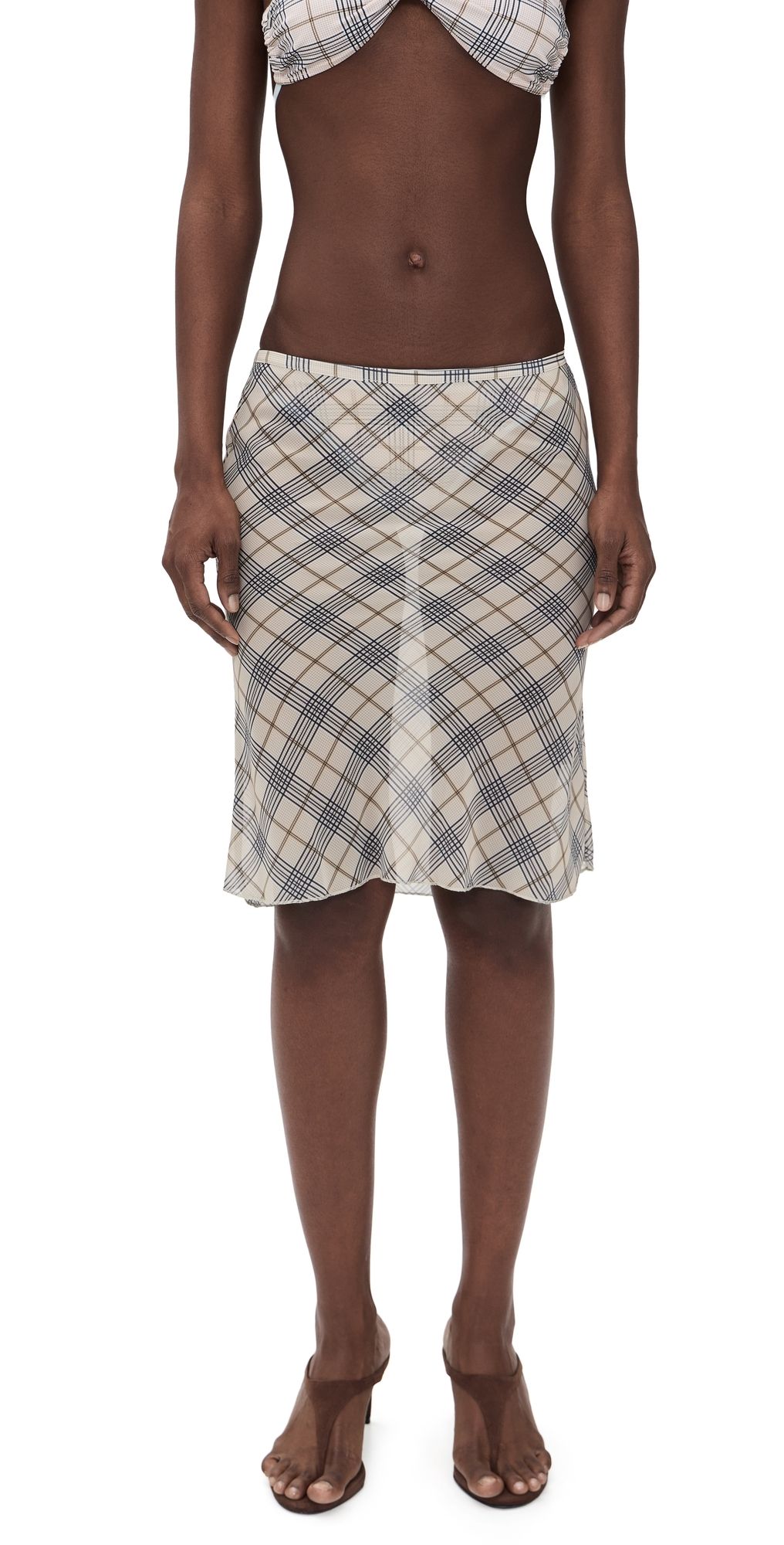 Lioness Shoreline Midi Skirt Beige Plaid XS