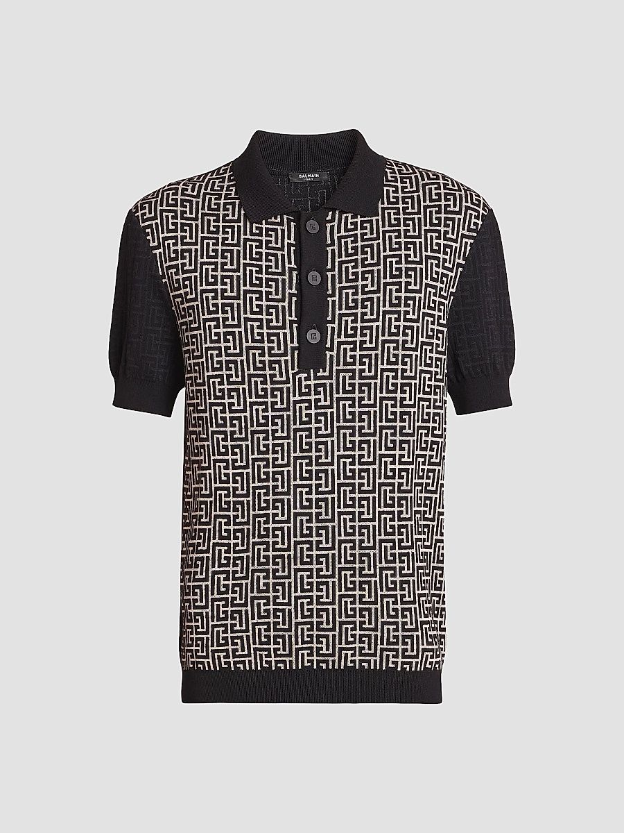 Balmain Men's Monogram Knit Polo Shirt - Ivoire Noir - Size XL