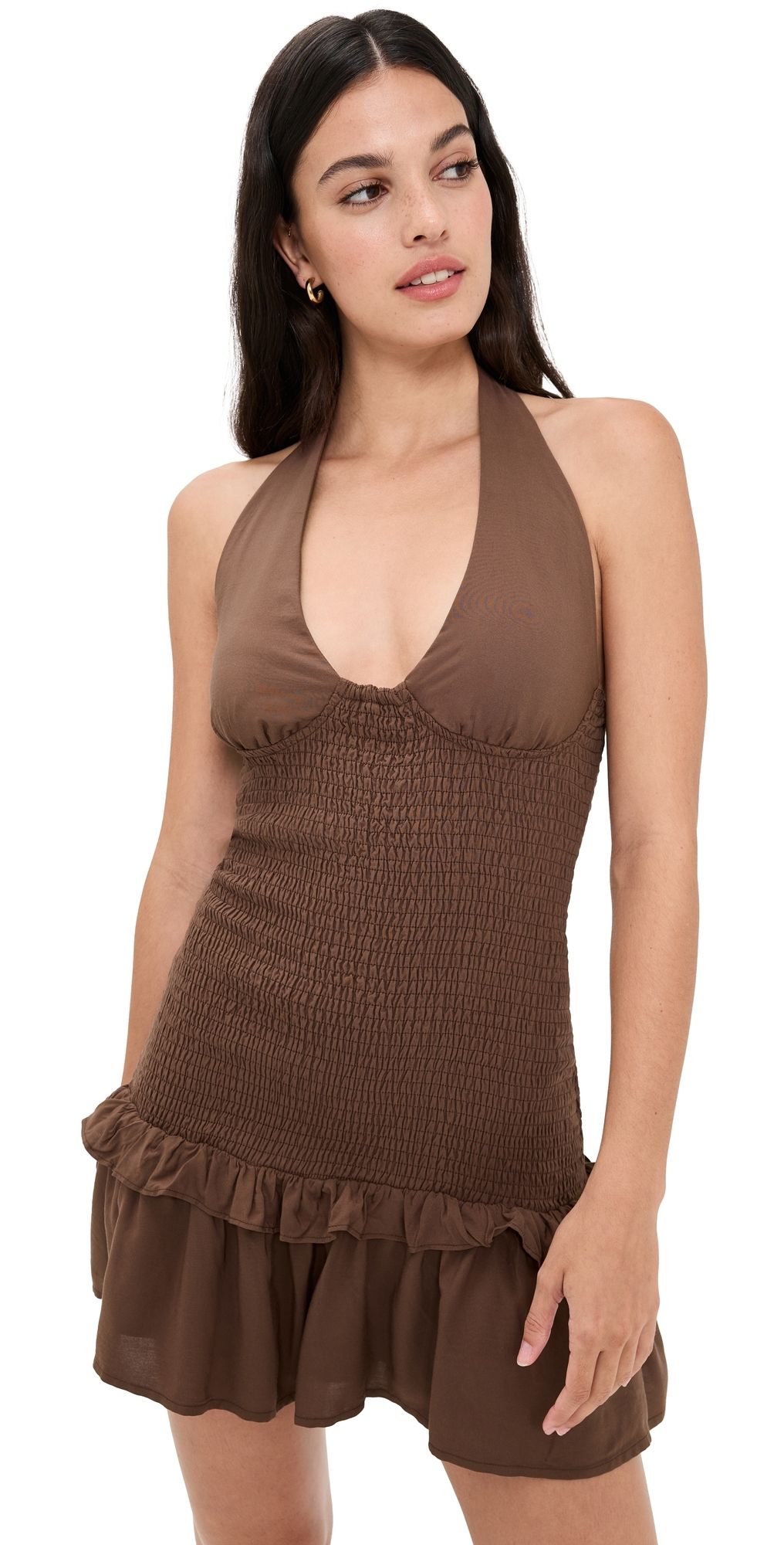 Seven Wonders Fleur Shirred Halter Mini Dress Chocolate L