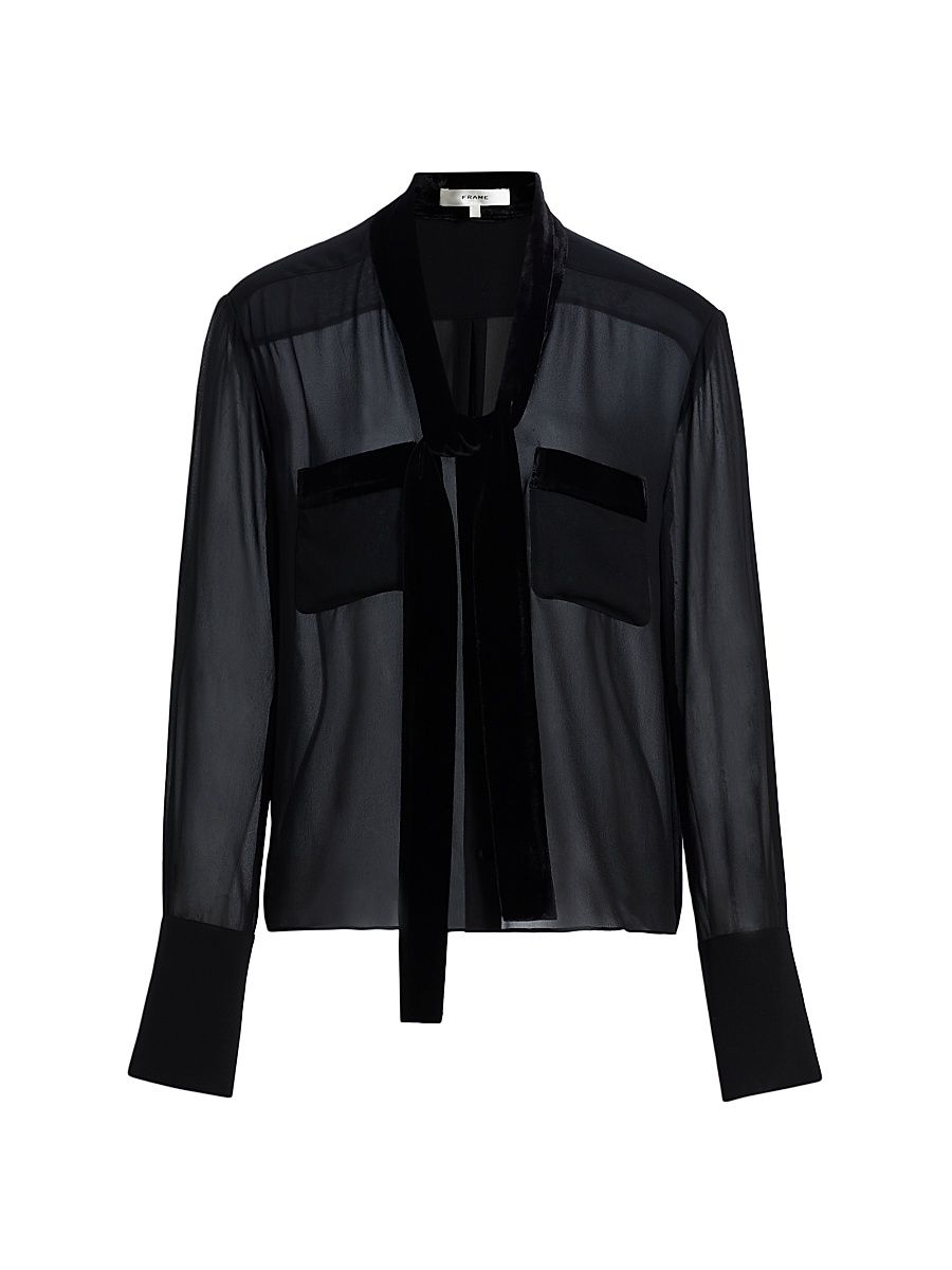 Women's Modern Velvet-Trim Sheer Silk Blouse - Black - Size Medium