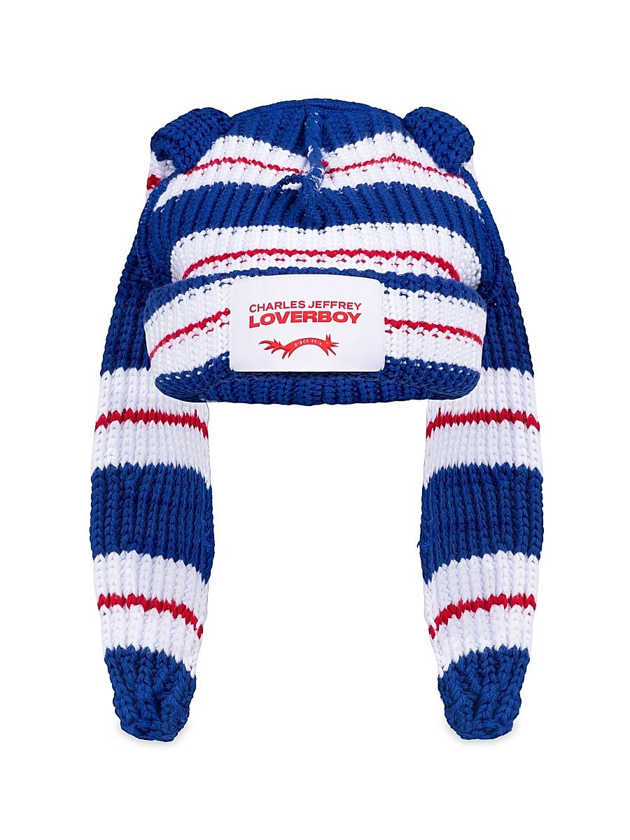 Men's Rabbit Striped Cotton Beanie - Blue Red White Stripe