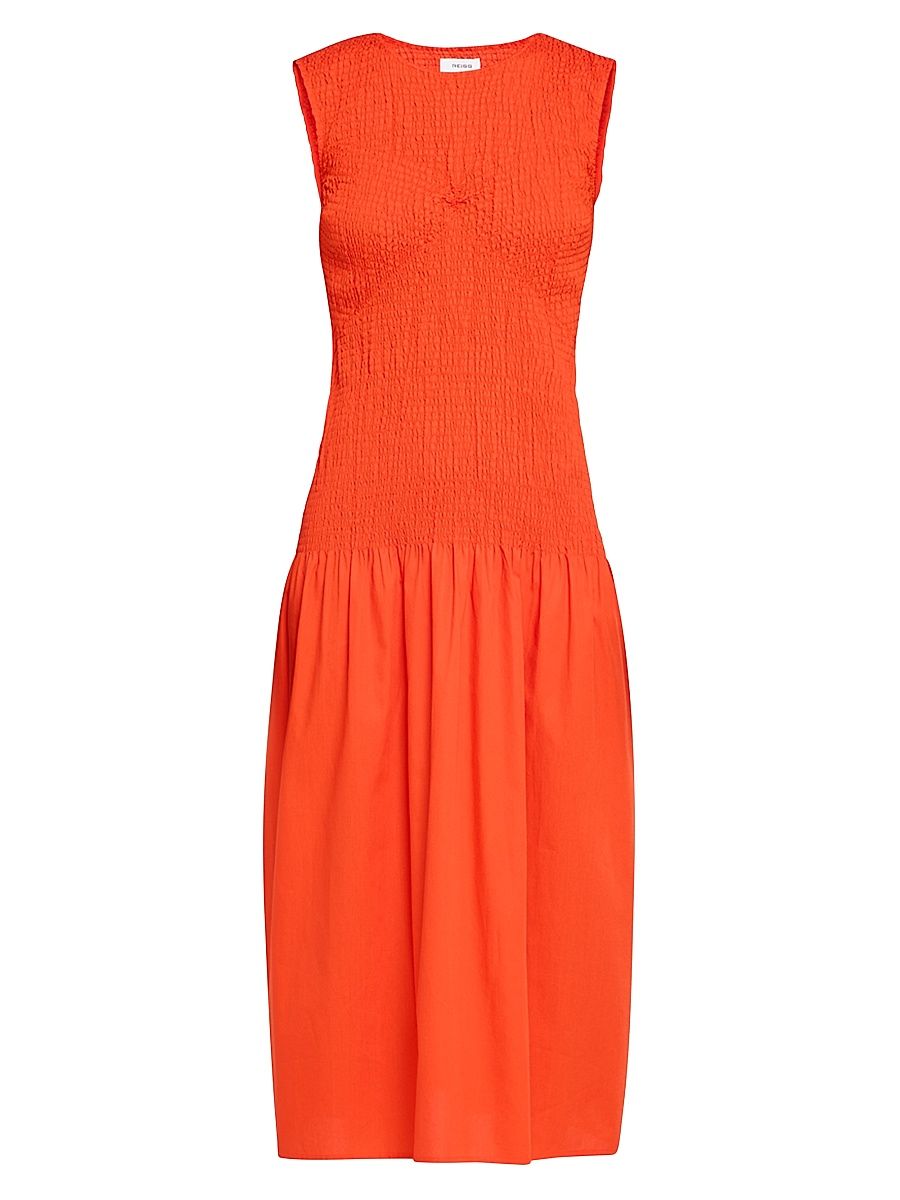 Women's Annabel Smocked Cotton Midi-Dress - Red - Size 14