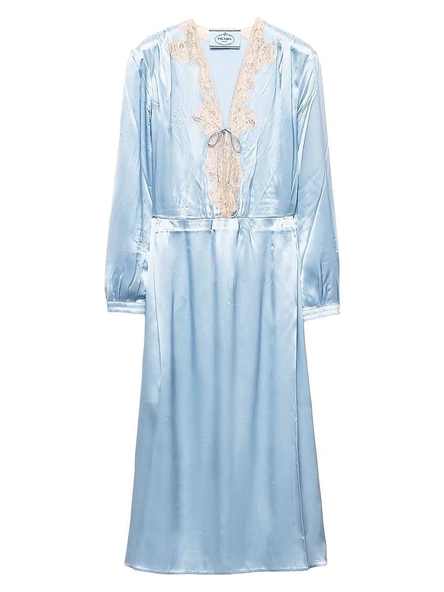 Women's Long Sleeved Silk and Lace Dress - Blue - Size 6
