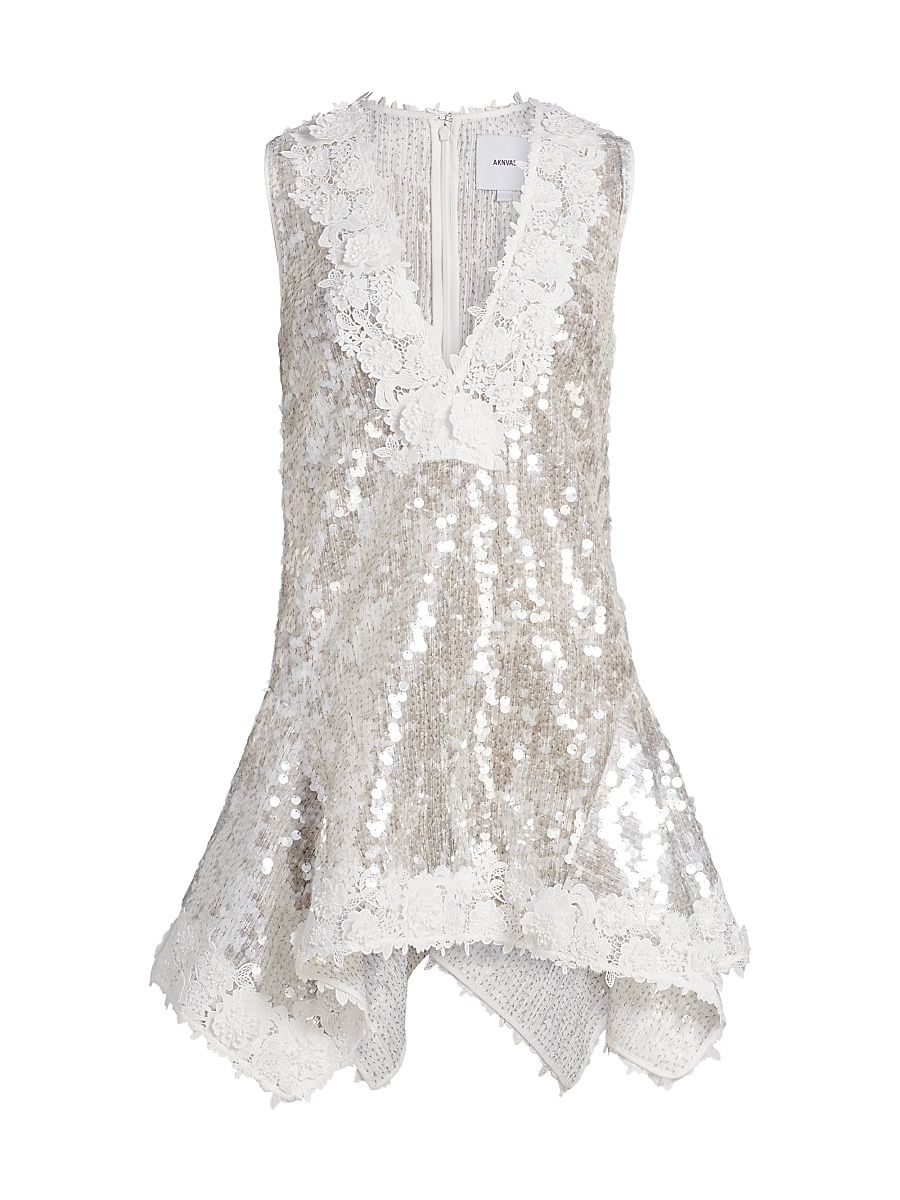 Women's Esme Sequined Lace V-Neck Minidress - Pearl - Size 12