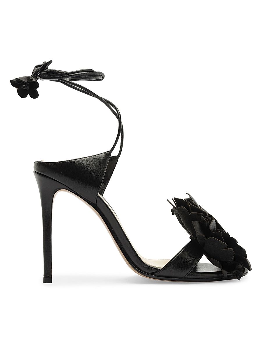 Women's Ornela 100MM Flower-Appliqué Leather Sandals - Black - Size 11