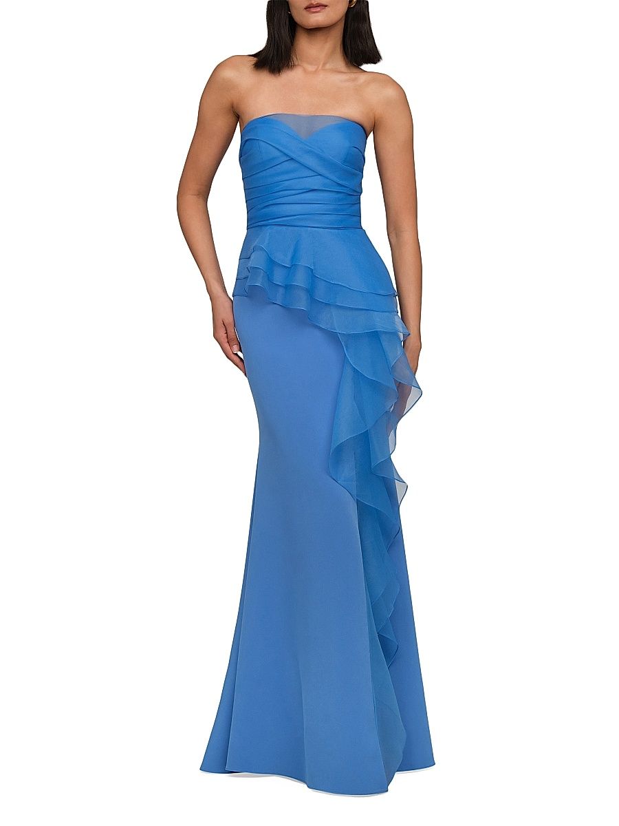 Women's Morgan Organza-Ruffle Crepe Gown - Ocean Breeze Blue - Size 16