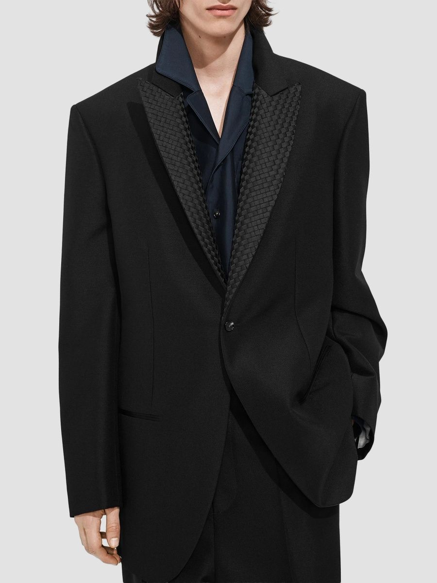 Bottega Veneta Men's Intrecciato-Lapel Mohair-Wool Jacket - Double Black - Size 44